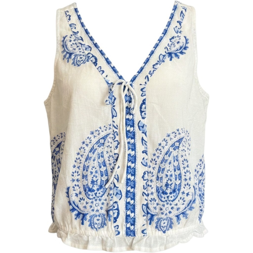 Lucky Brand Blue Paisley Cotton Gauze Tie Front Ruffle Hem Sleeveless Top Small
